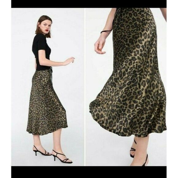 Zara Skirt Animal Print Green Brown Khaki Satin A-line Midi Skirt Size X-Small - Picture 3 of 8